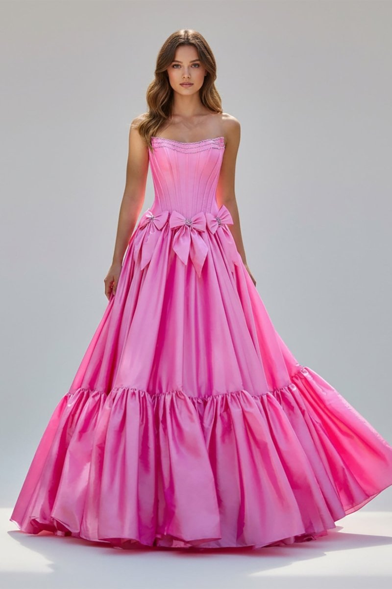 A-Line Black Strapless Satin Long Prom Dresses with Bow Knots
