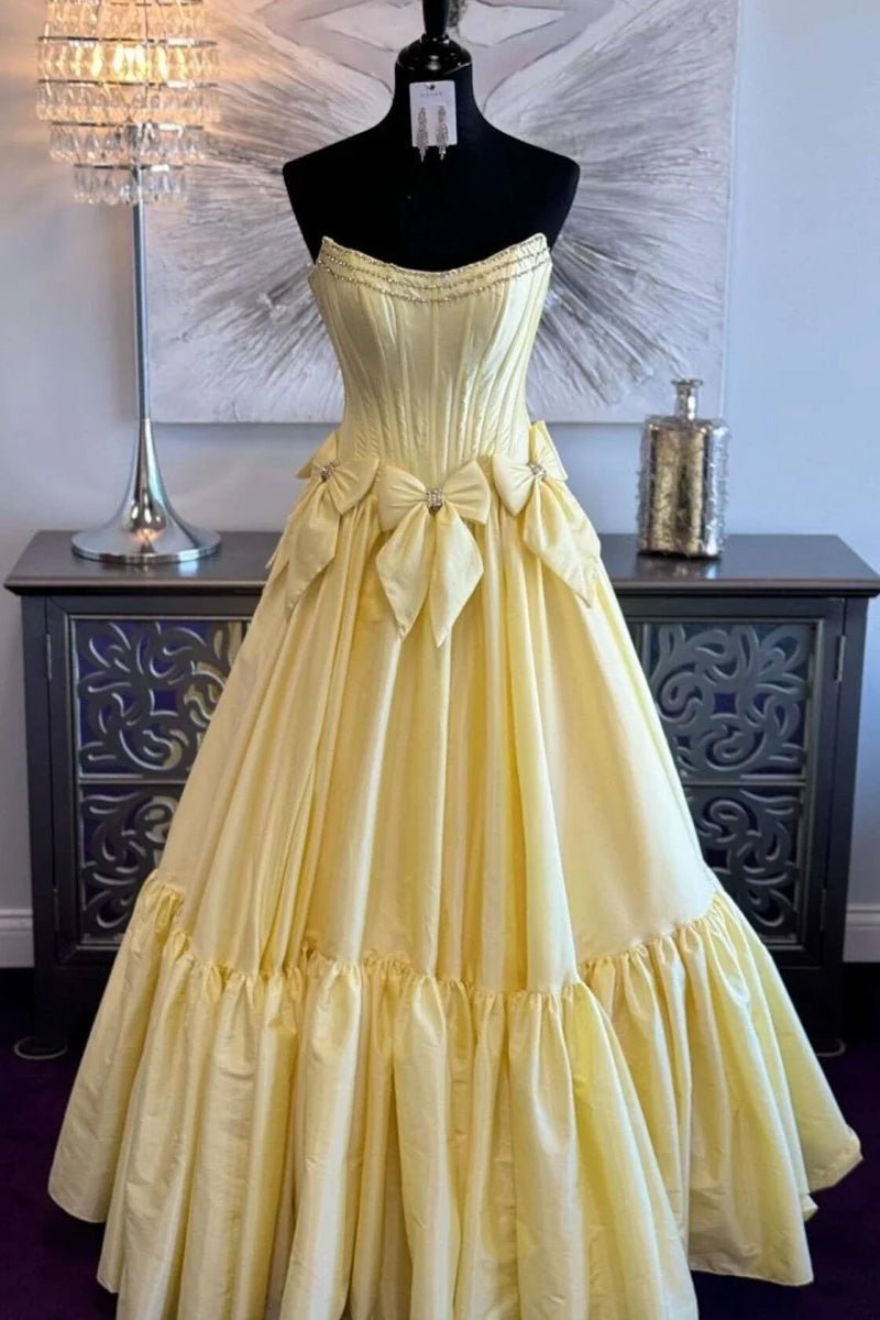A-Line Black Strapless Satin Long Prom Dresses with Bow Knots