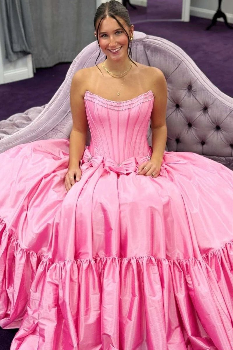 A-Line Black Strapless Satin Long Prom Dresses with Bow Knots