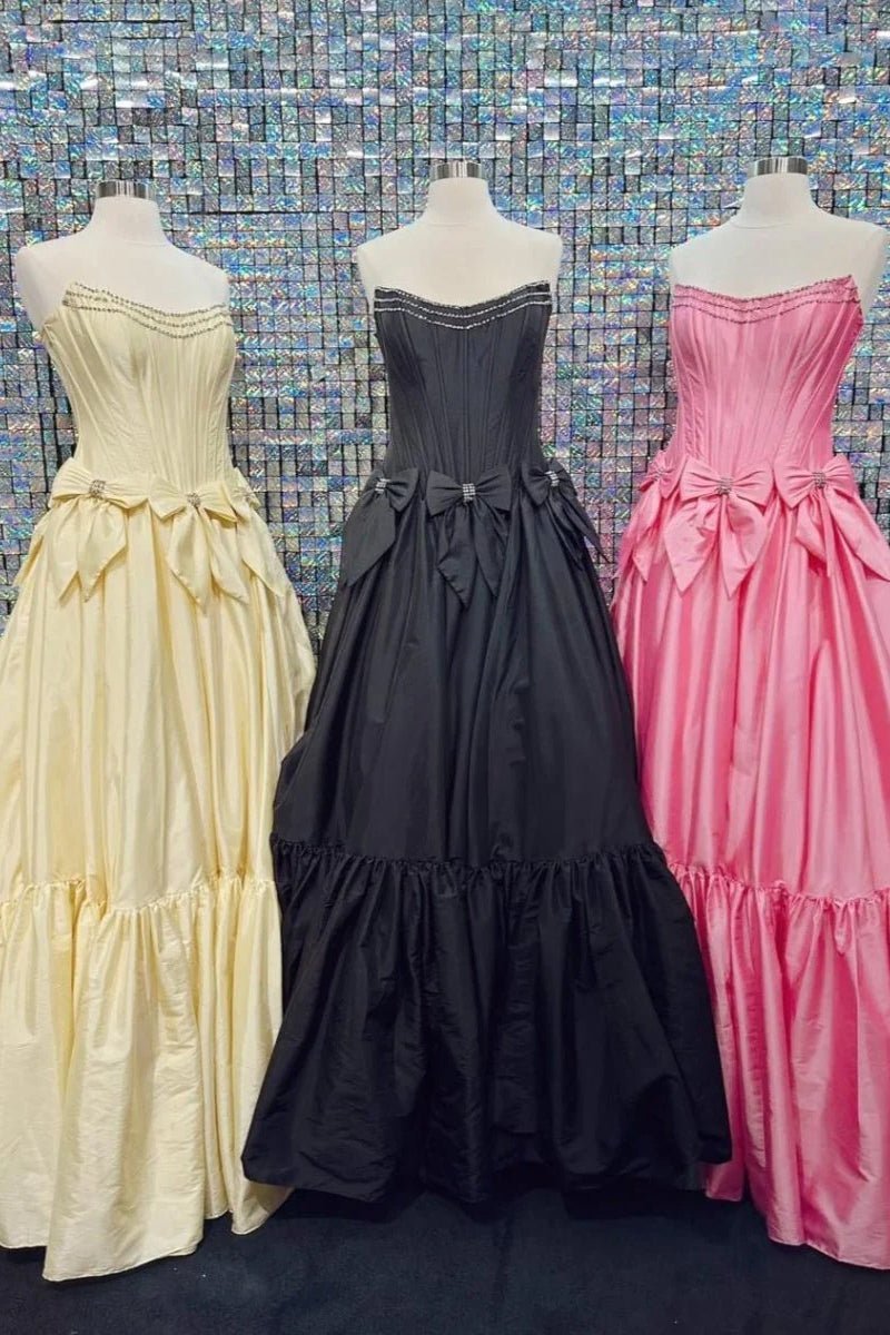 A-Line Black Strapless Satin Long Prom Dresses with Bow Knots