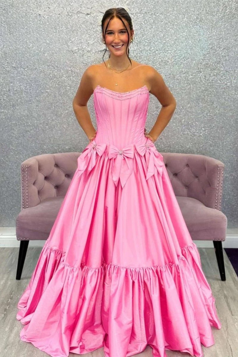A-Line Black Strapless Satin Long Prom Dresses with Bow Knots