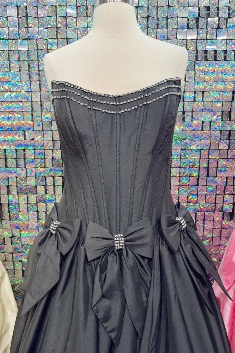 A-Line Black Strapless Satin Long Prom Dresses with Bow Knots