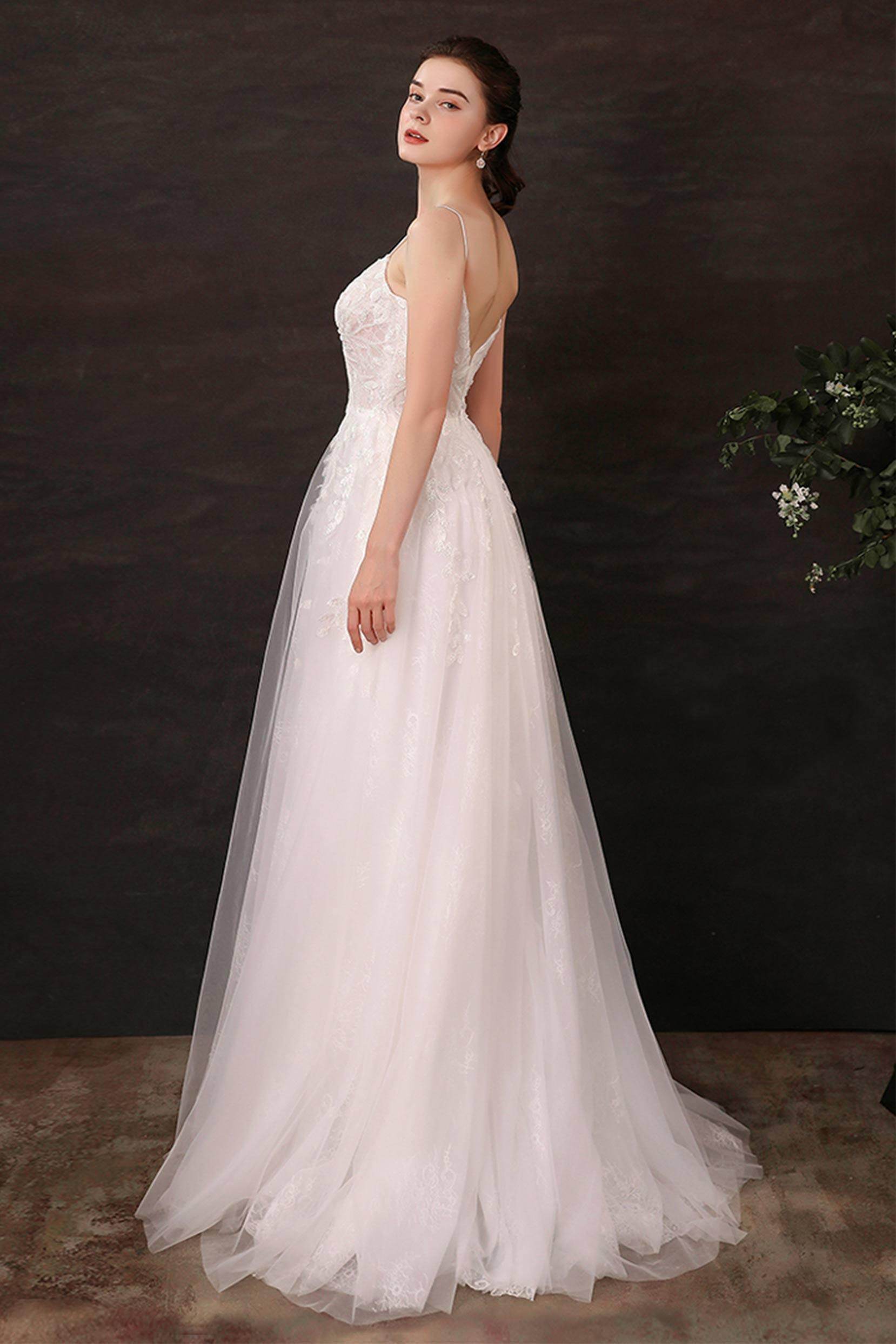 A-Line Sweep-Brush Train Lace Tulle Wedding Dress CW2684