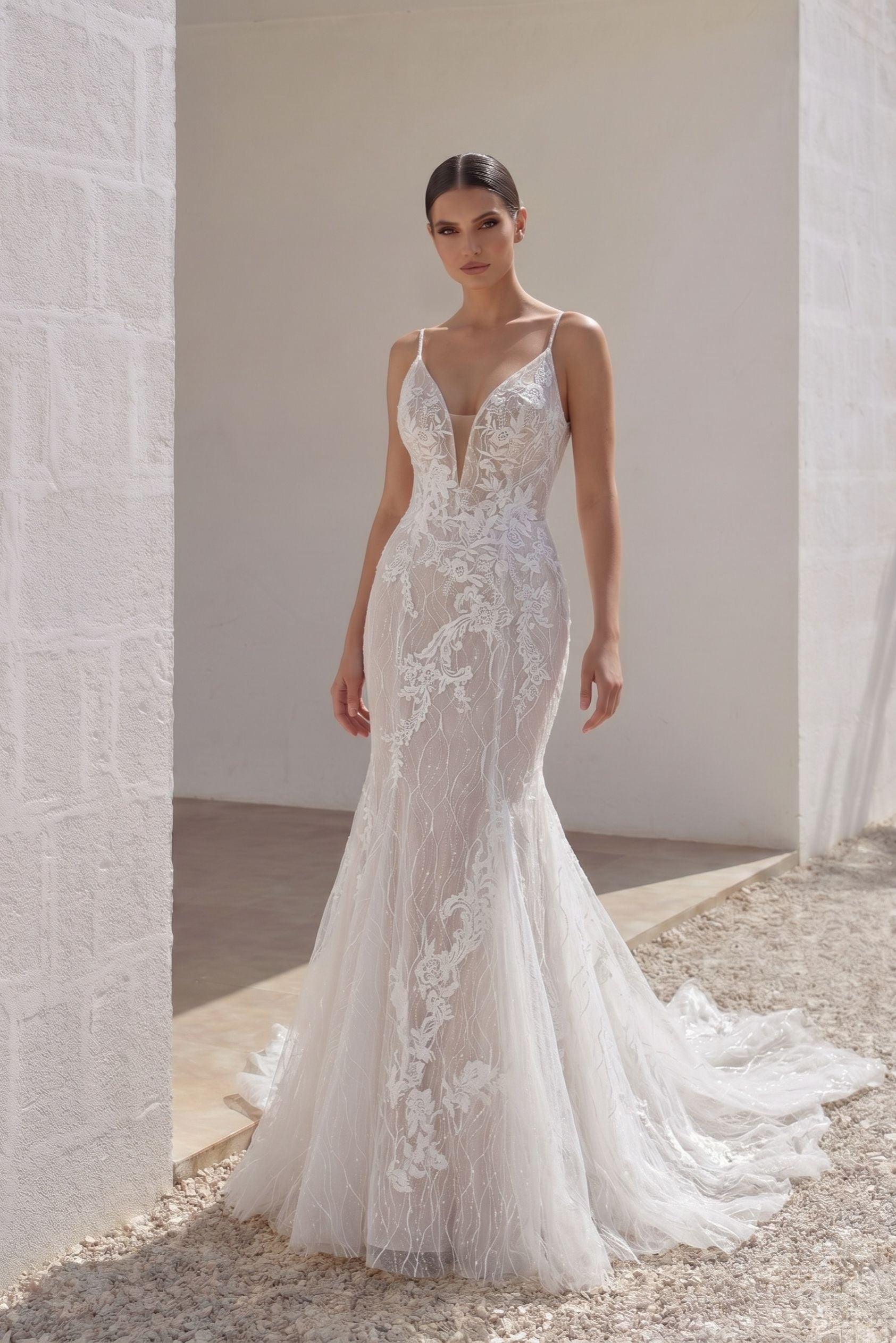 Trumpet-Mermaid Chapel Train Lace Tulle Wedding Dress CW3206
