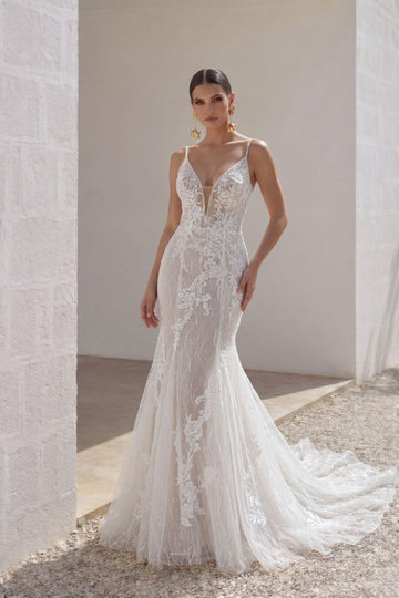 Trumpet-Mermaid Chapel Train Lace Tulle Wedding Dress CW3206