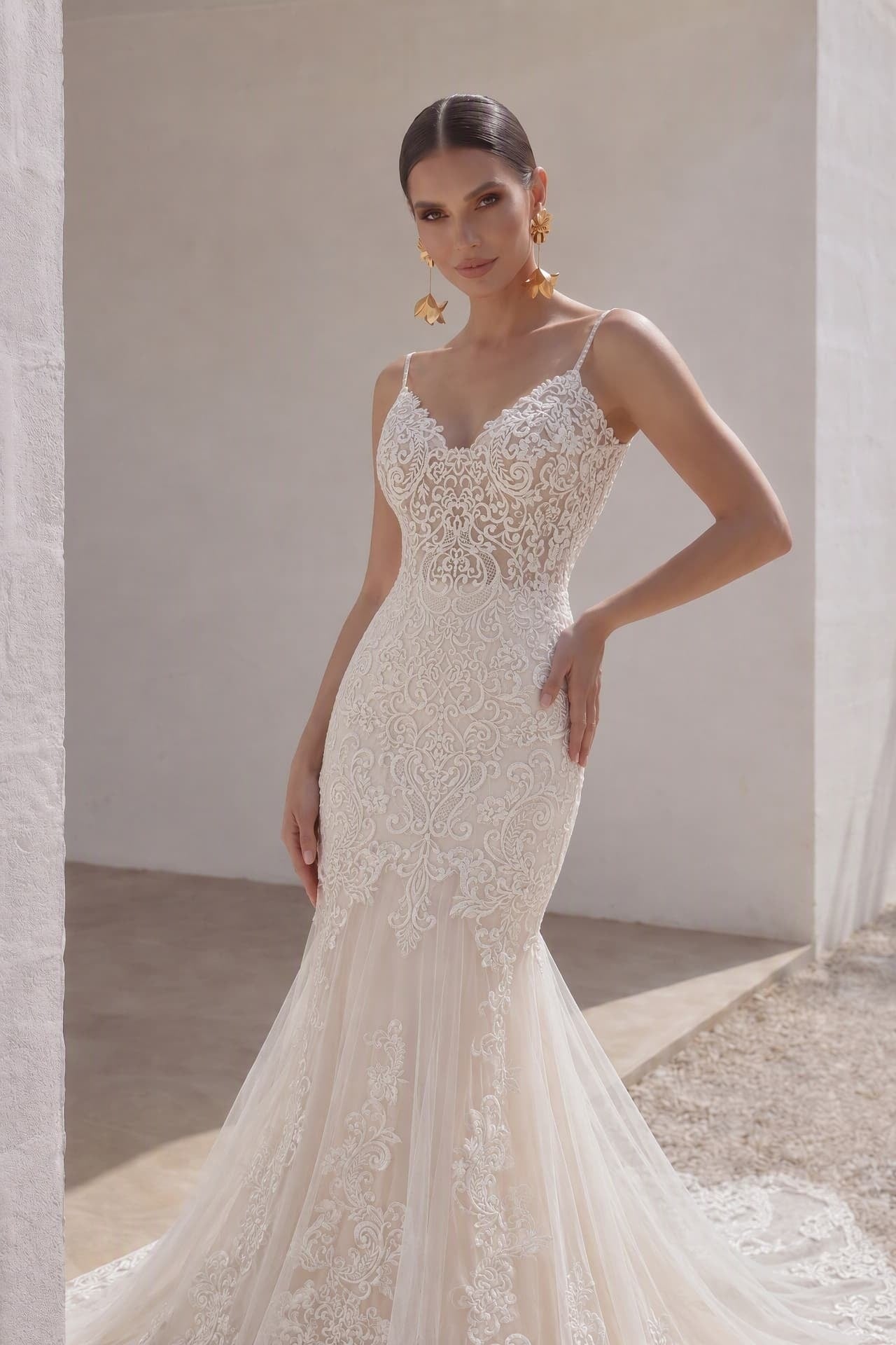 Trumpet-Mermaid Chapel Train Lace Tulle Wedding Dress CW3251