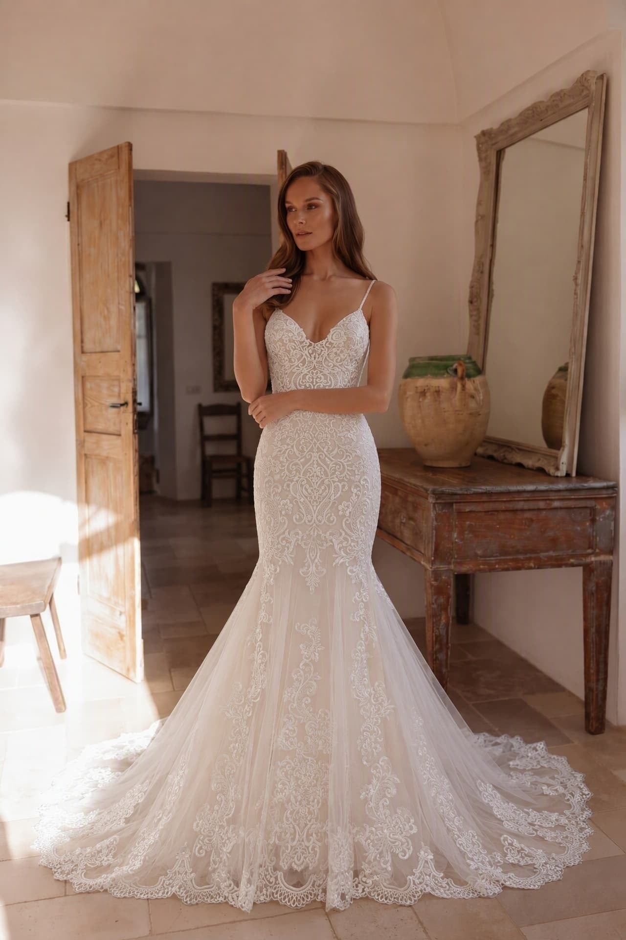 Trumpet-Mermaid Chapel Train Lace Tulle Wedding Dress CW3251