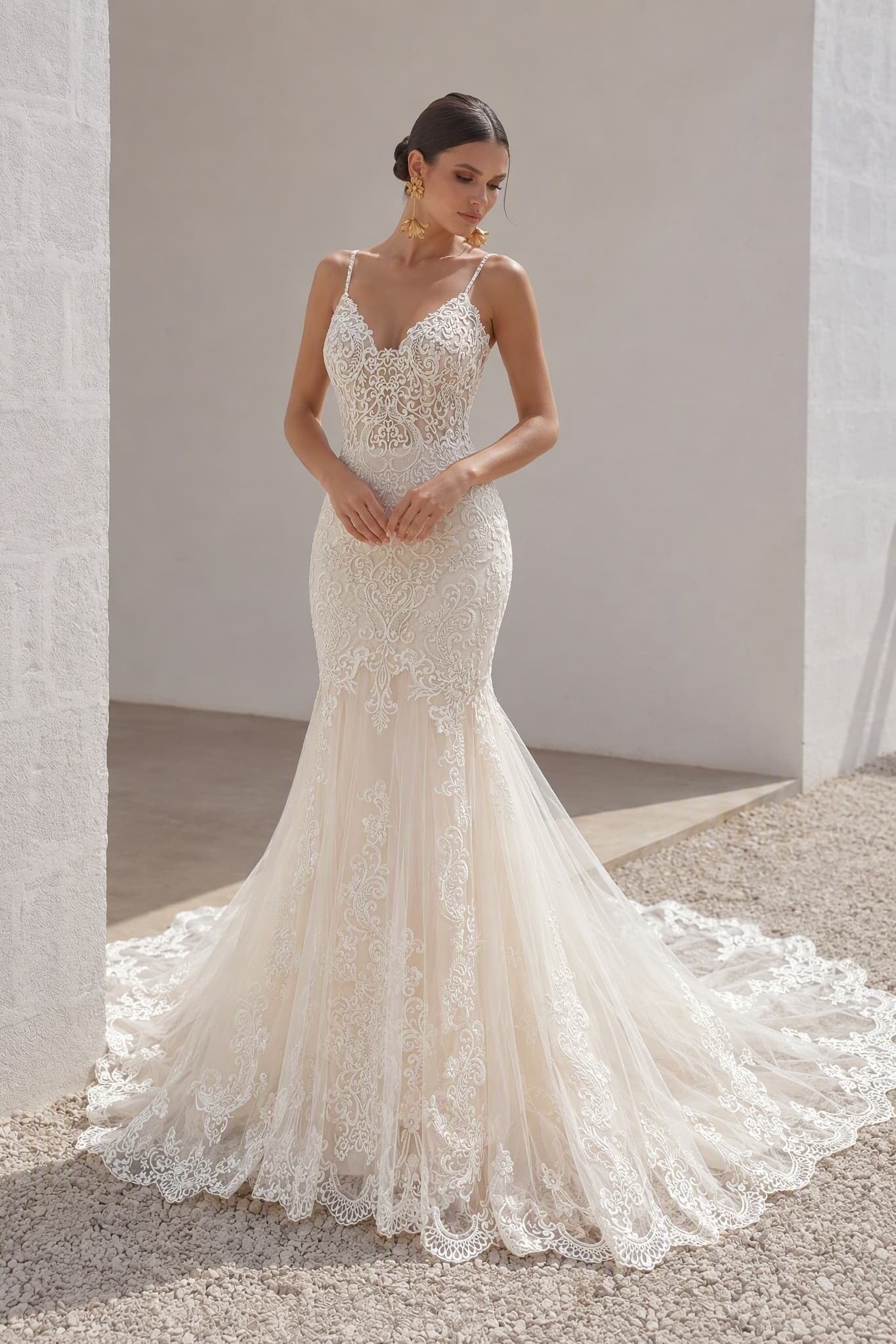 Trumpet-Mermaid Chapel Train Lace Tulle Wedding Dress CW3251