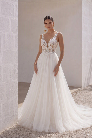 A-Line Court Train Lace Tulle Wedding Dress CW3262