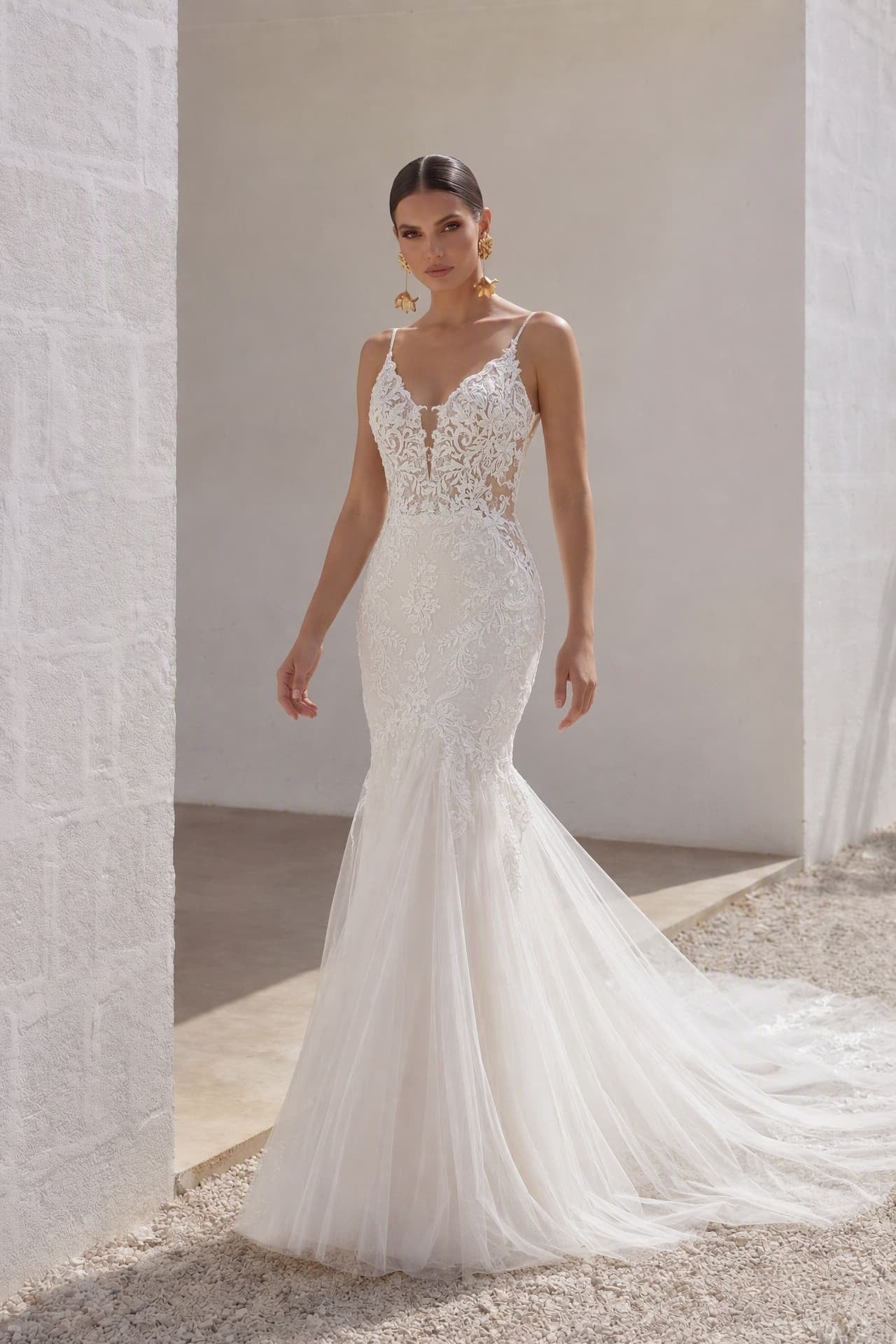 Trumpet-Mermaid Court Train Lace Tulle Wedding Dress CW3269