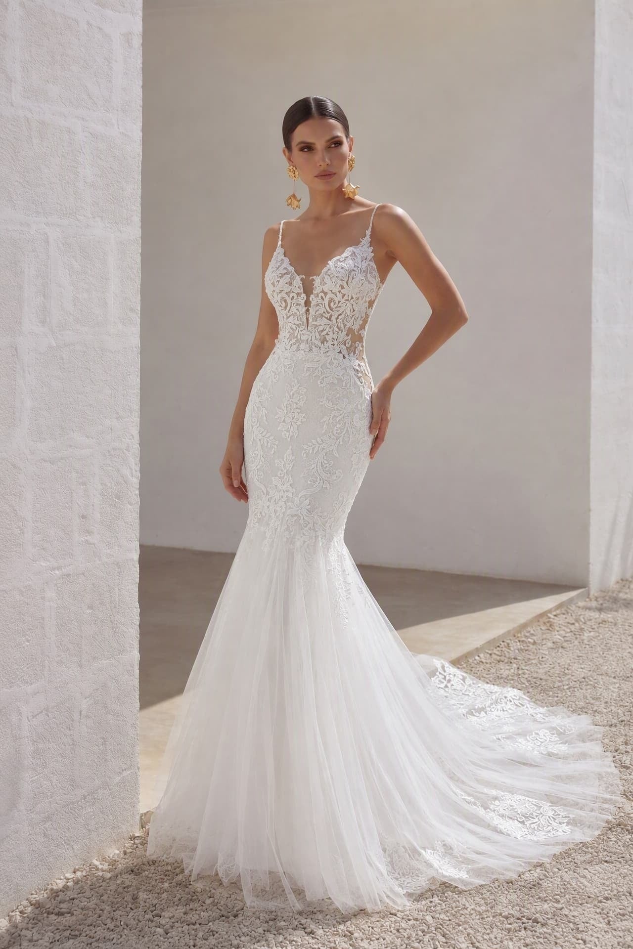 Trumpet-Mermaid Court Train Lace Tulle Wedding Dress CW3269