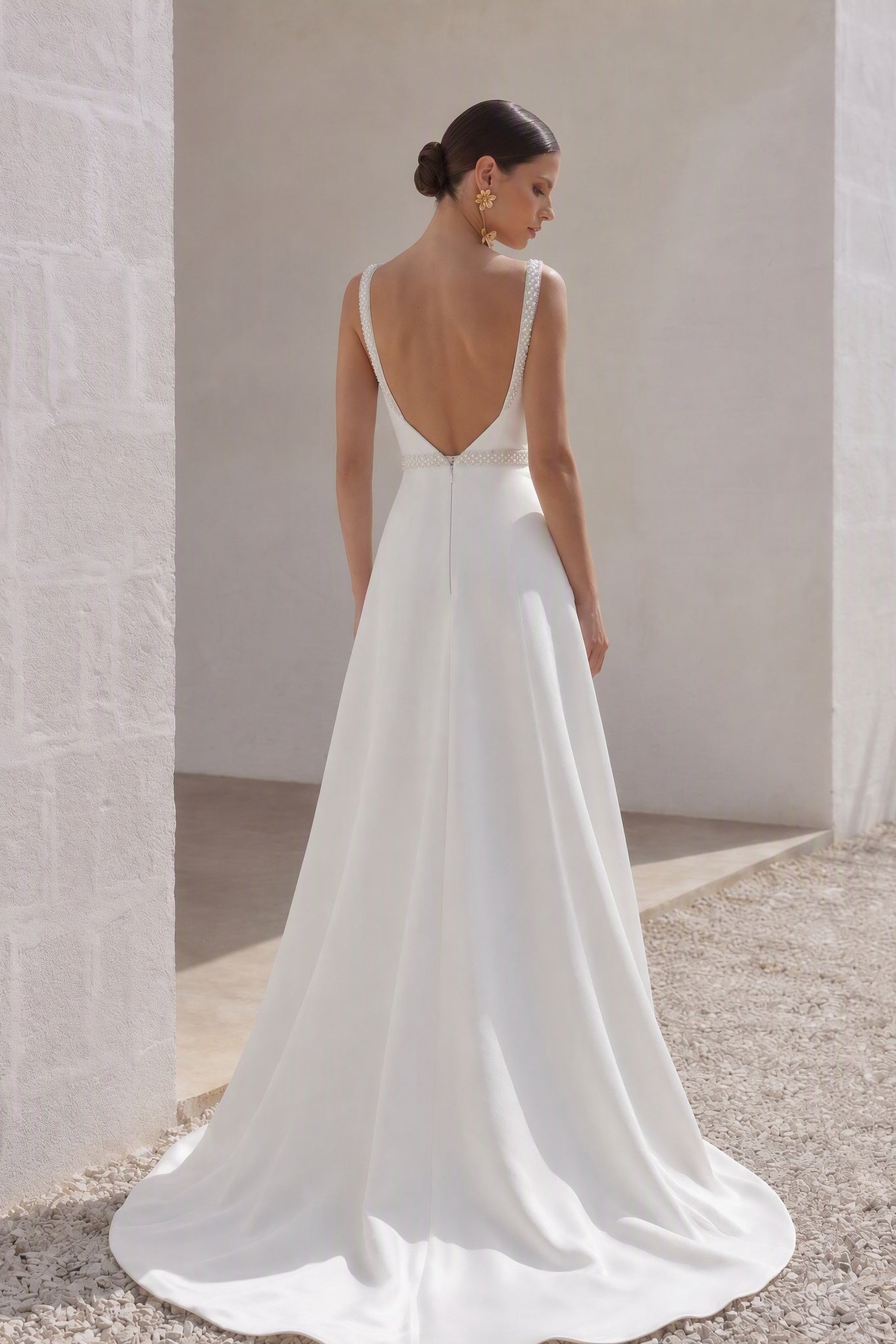 A-Line Sweep-Brush Train Stretch Satin Wedding Dress CW3292