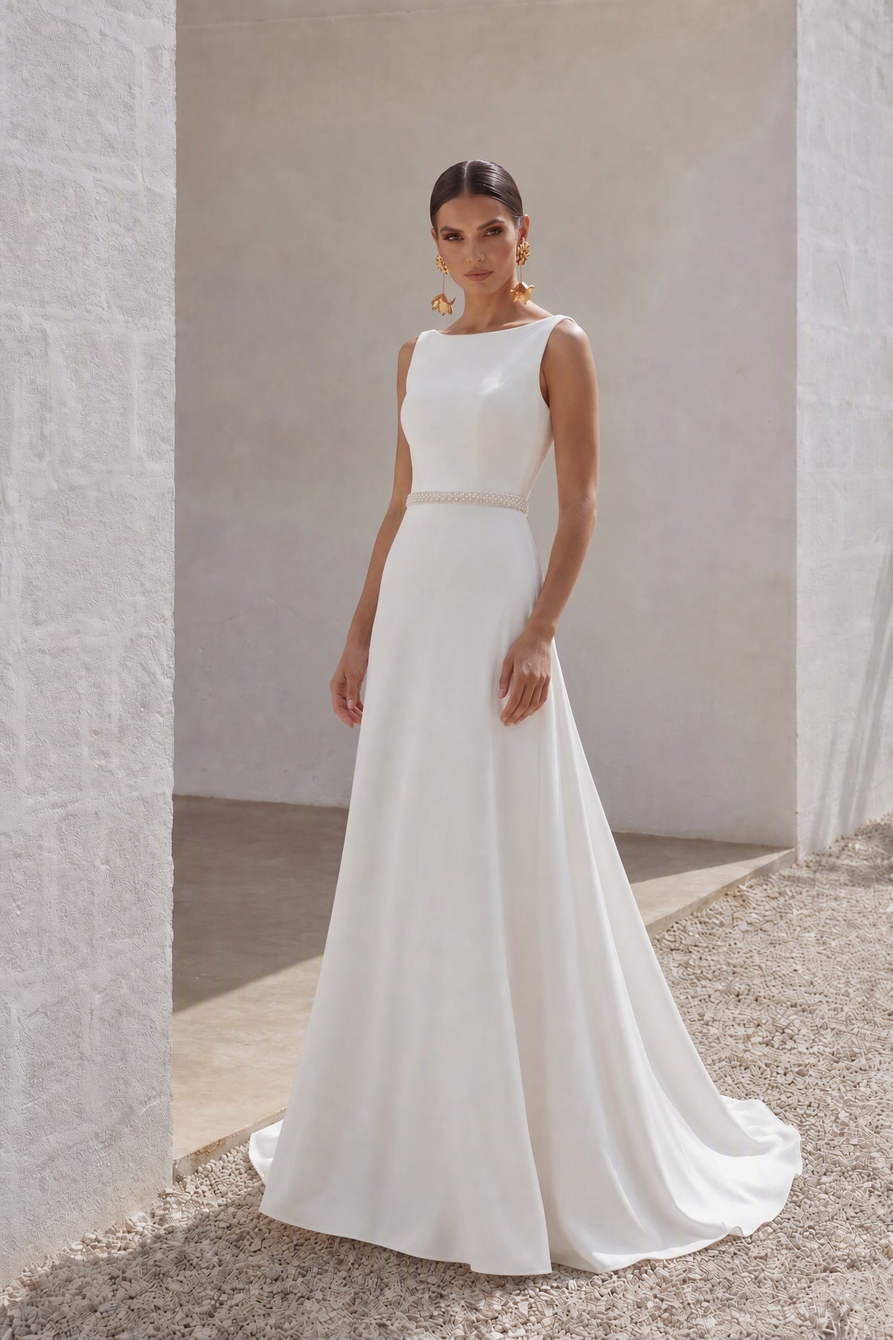 A-Line Sweep-Brush Train Stretch Satin Wedding Dress CW3292
