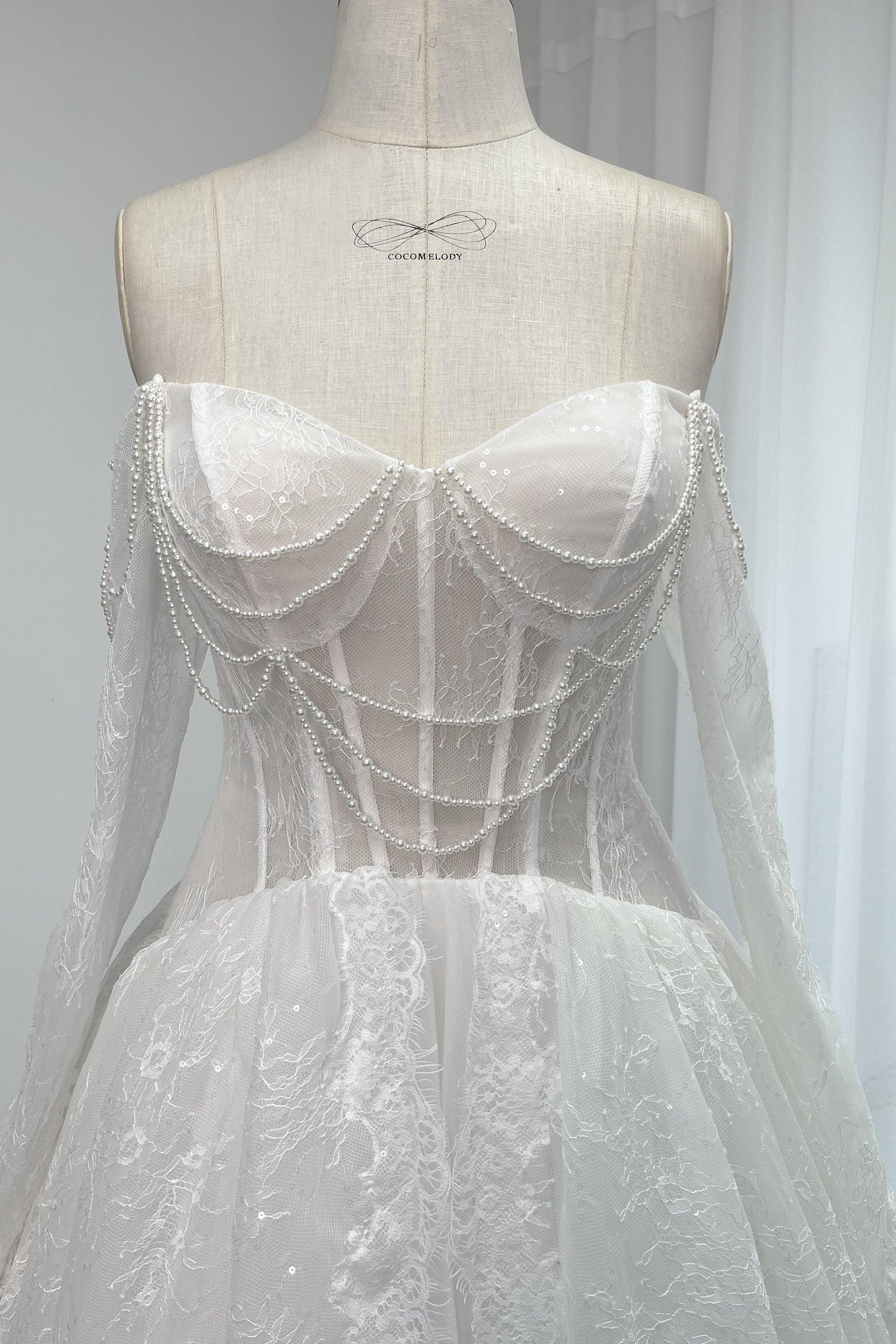 A-Line Chapel Train Sequined Lace Tulle Wedding Dress CW3351