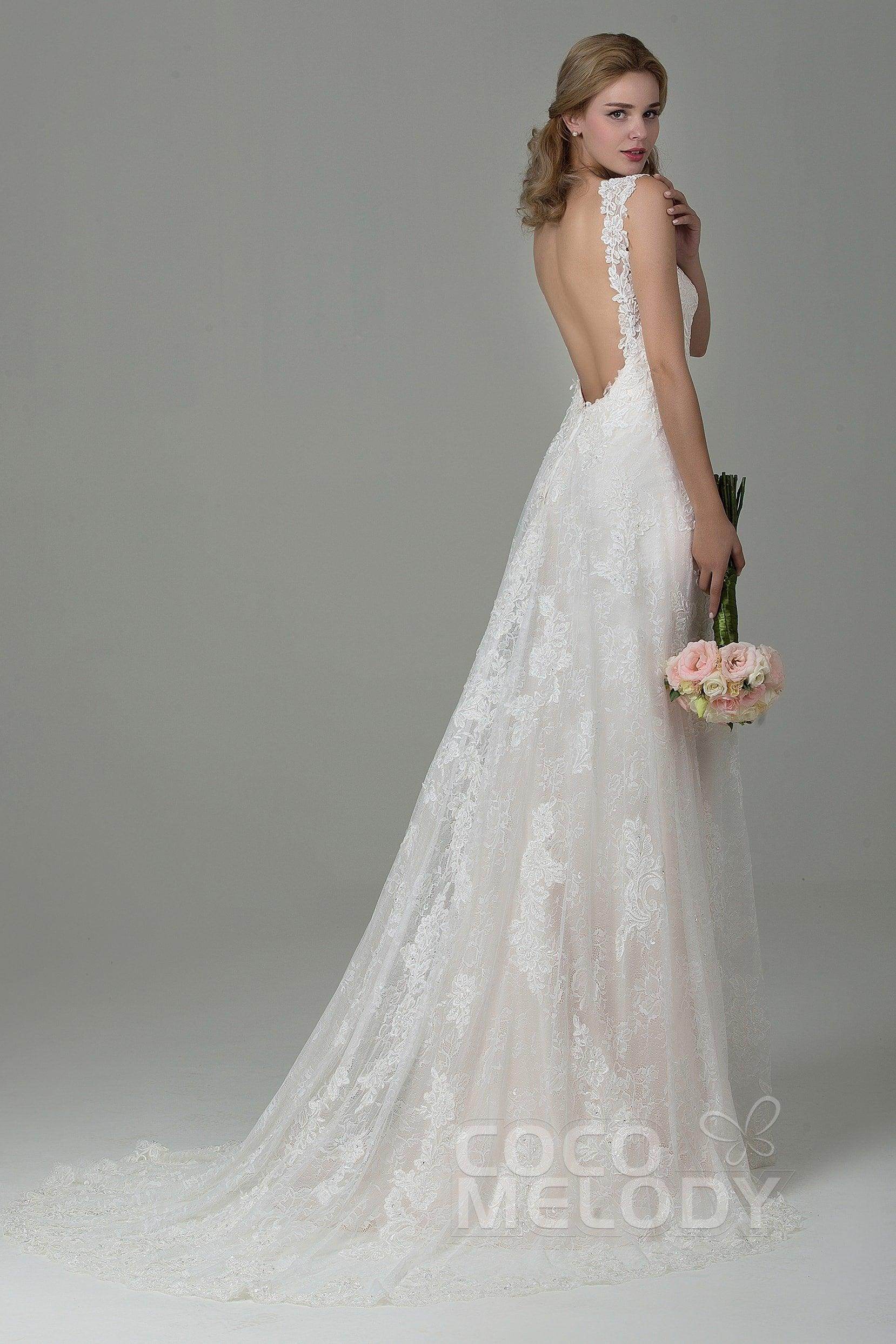 Sheath-Column Court Train Lace Wedding Dress CWVT15002