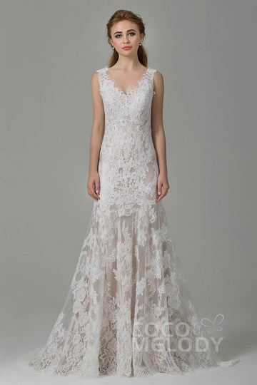 Sheath-Column Sweep-Brush Train Lace Wedding Dress CWXT14061