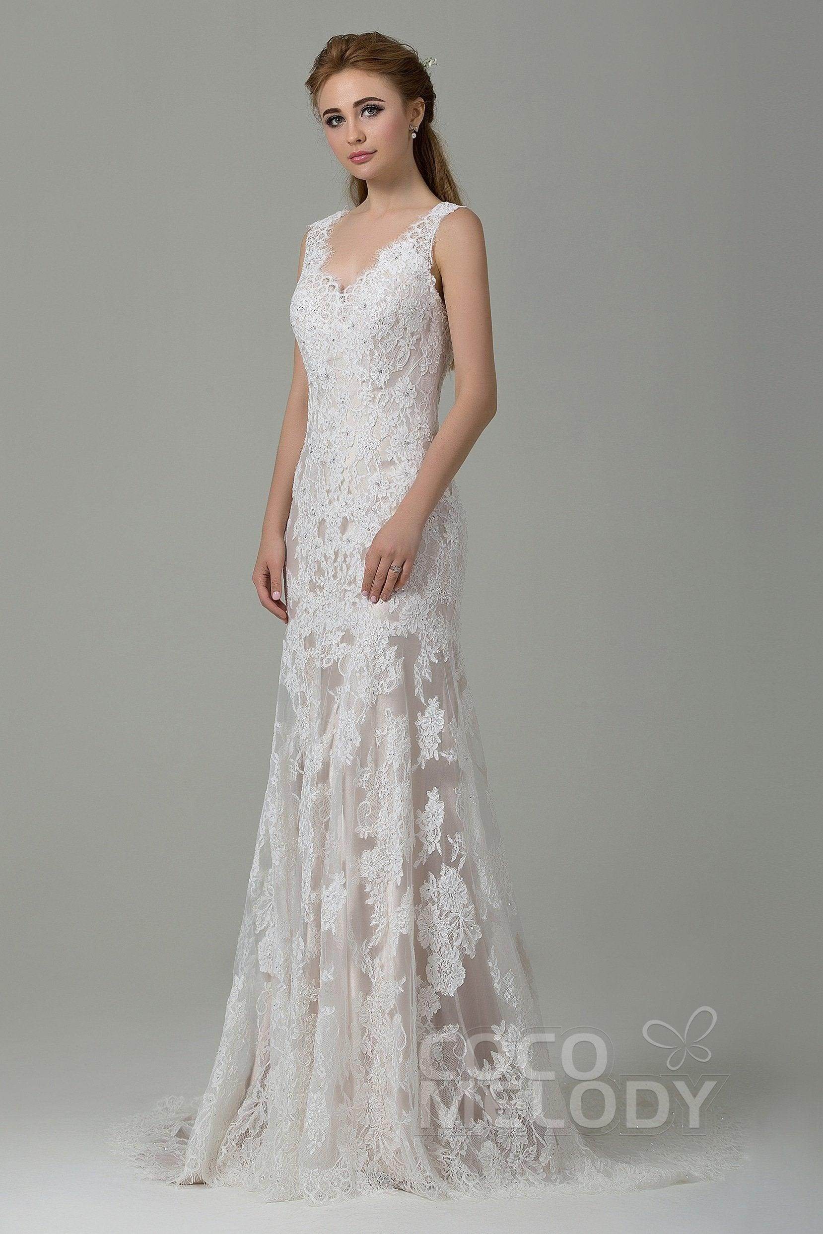 Sheath-Column Sweep-Brush Train Lace Wedding Dress CWXT14061