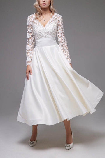 A-Line Tea Length Lace Satin Little White Dress 100017