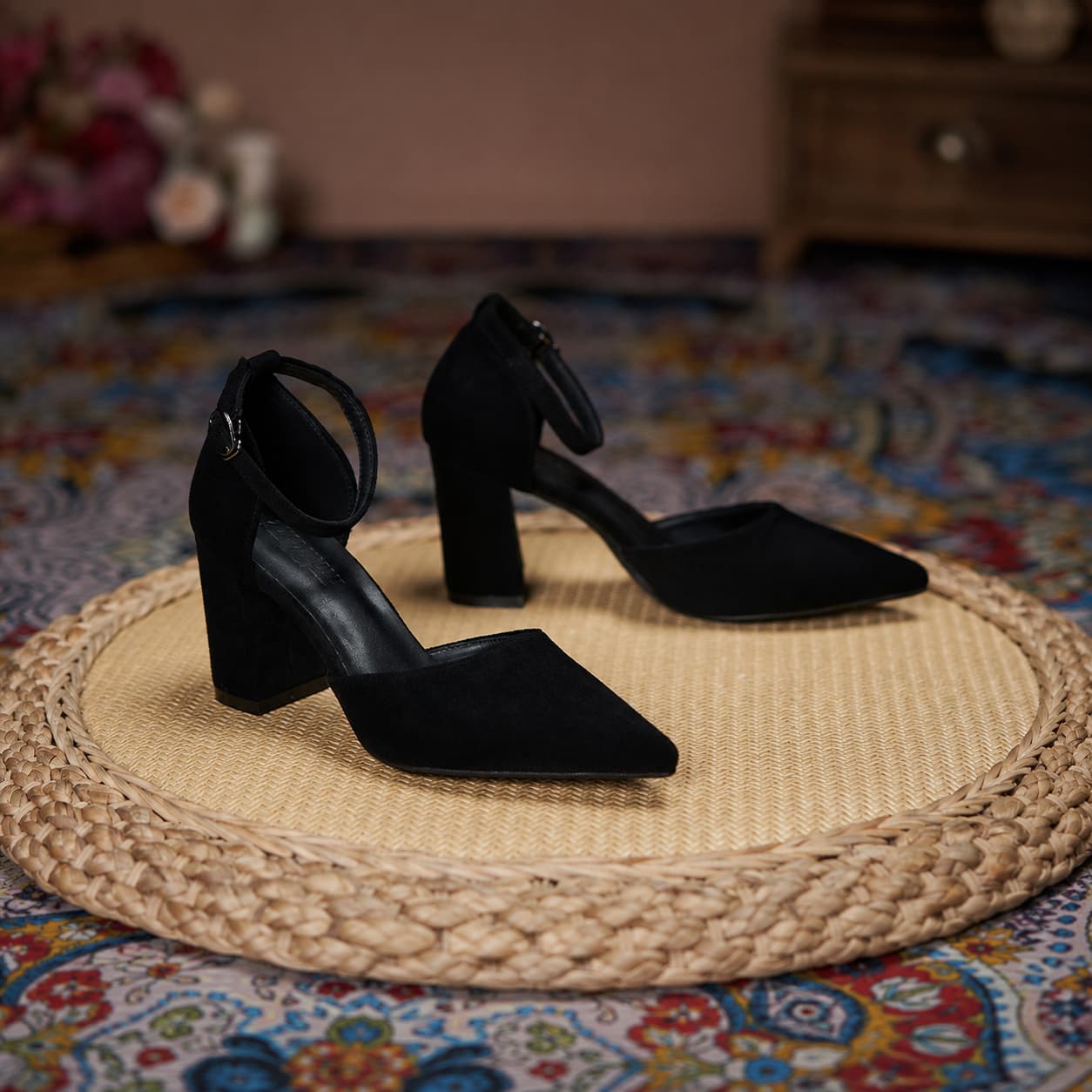 Suede Pointed Toe Block Heel Pumps Ankle Strap Elegant Shoes 695304002209