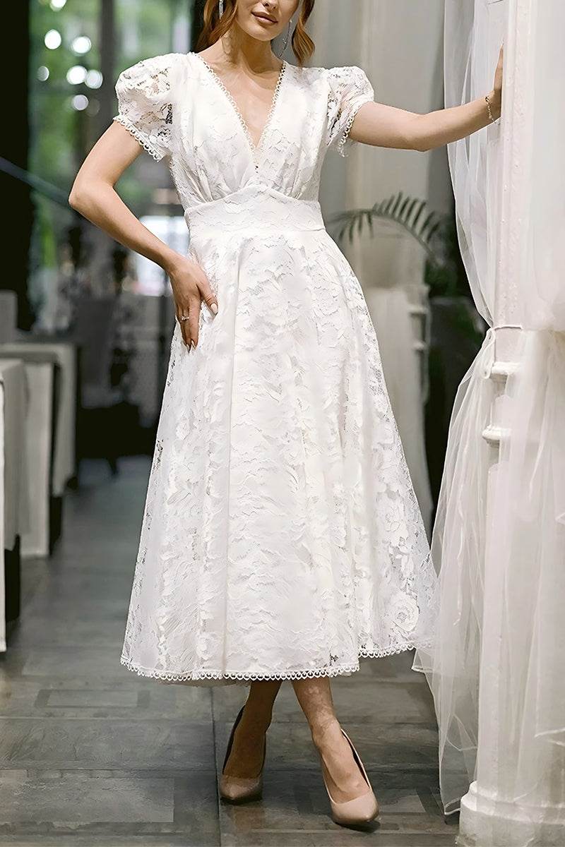 A-Line Tea Length Lace Little White Dress 100020
