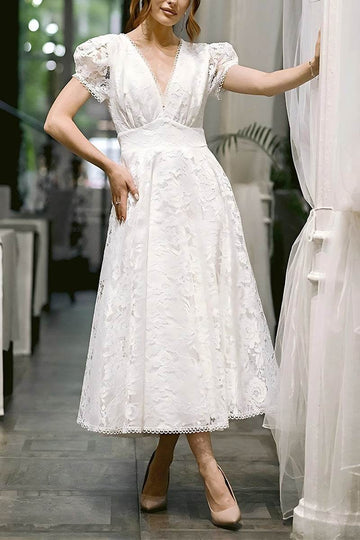 A-Line Tea Length Lace Little White Dress 100020
