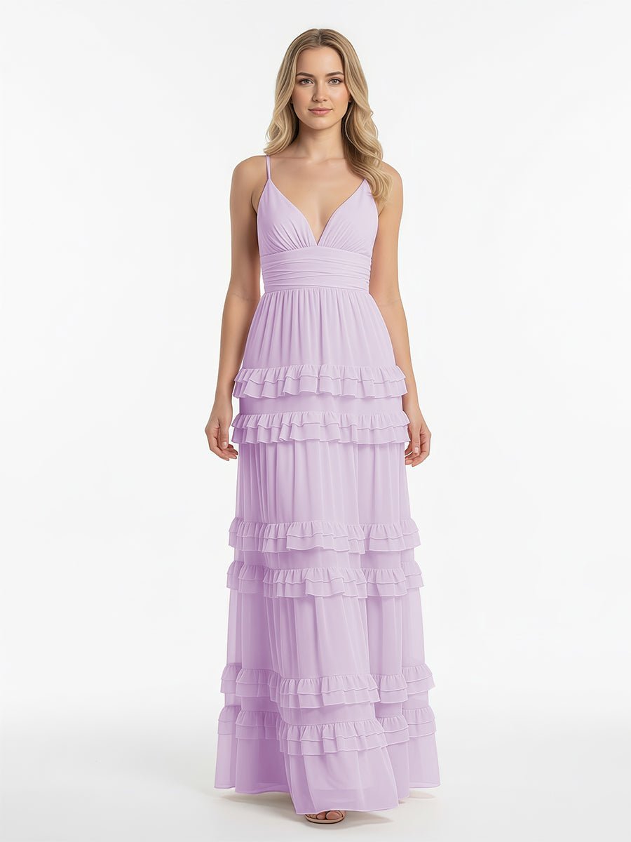 A Line Pink Chiffon Tiered Ruffles Long Prom Dress