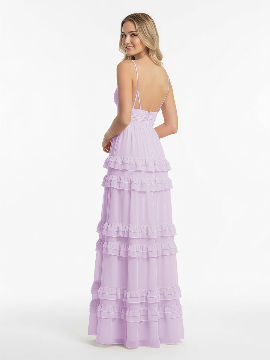 A Line Pink Chiffon Tiered Ruffles Long Prom Dress