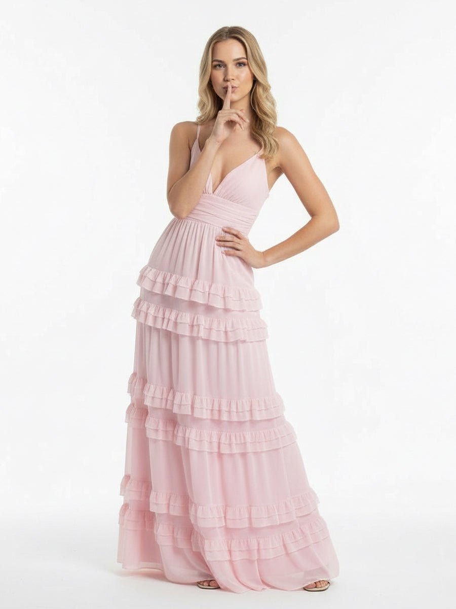 A Line Pink Chiffon Tiered Ruffles Long Prom Dress