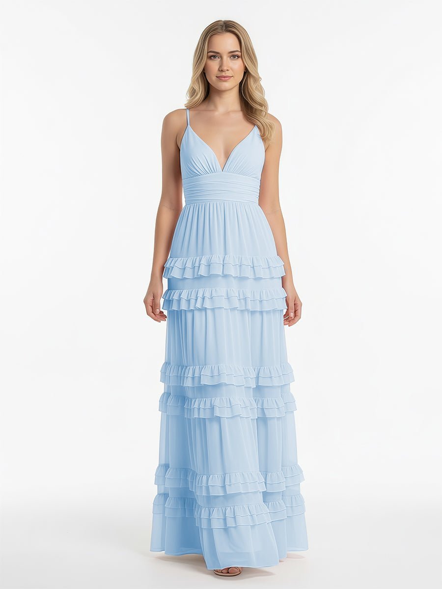 A Line Pink Chiffon Tiered Ruffles Long Prom Dress