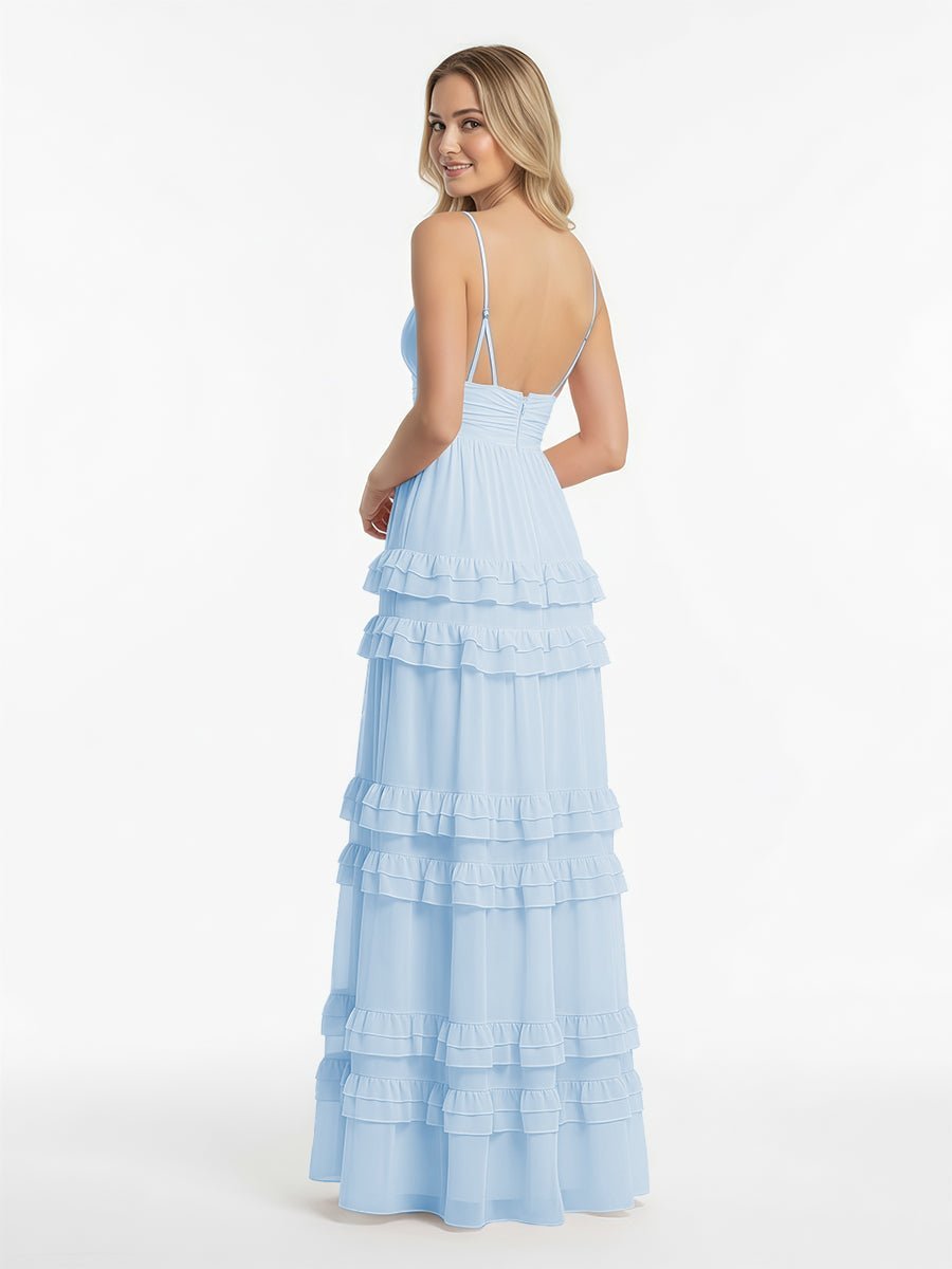 A Line Pink Chiffon Tiered Ruffles Long Prom Dress