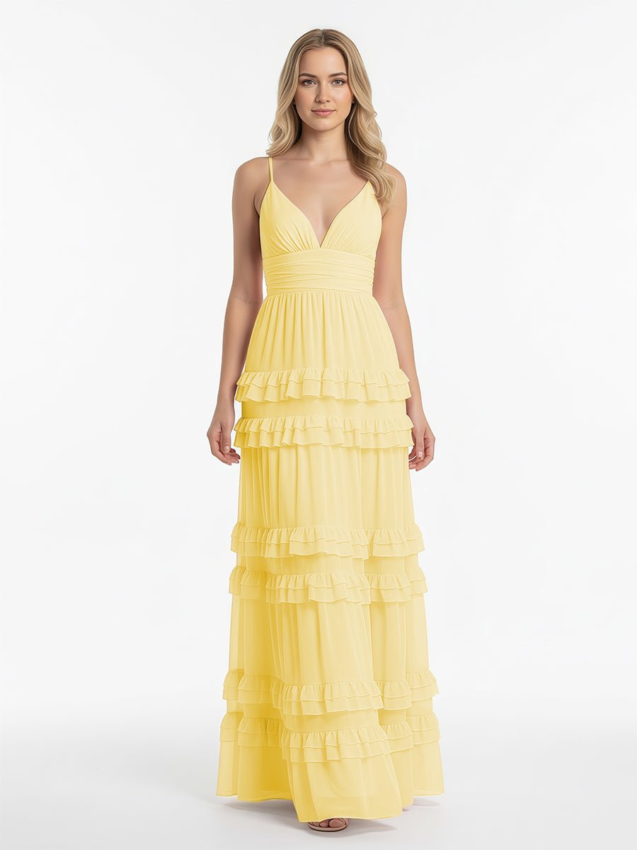 A Line Pink Chiffon Tiered Ruffles Long Prom Dress