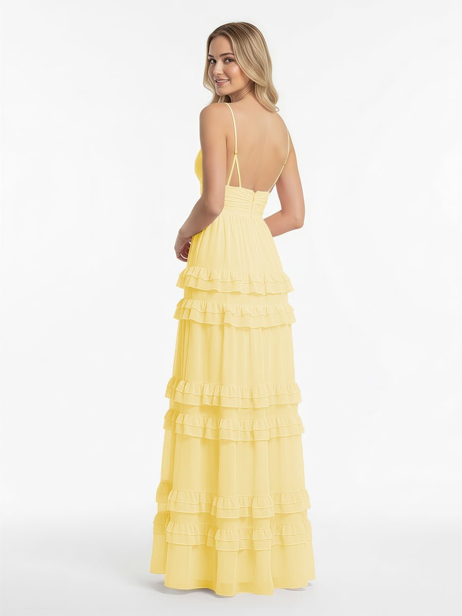A Line Pink Chiffon Tiered Ruffles Long Prom Dress