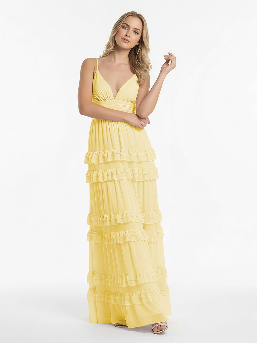 A Line Pink Chiffon Tiered Ruffles Long Prom Dress