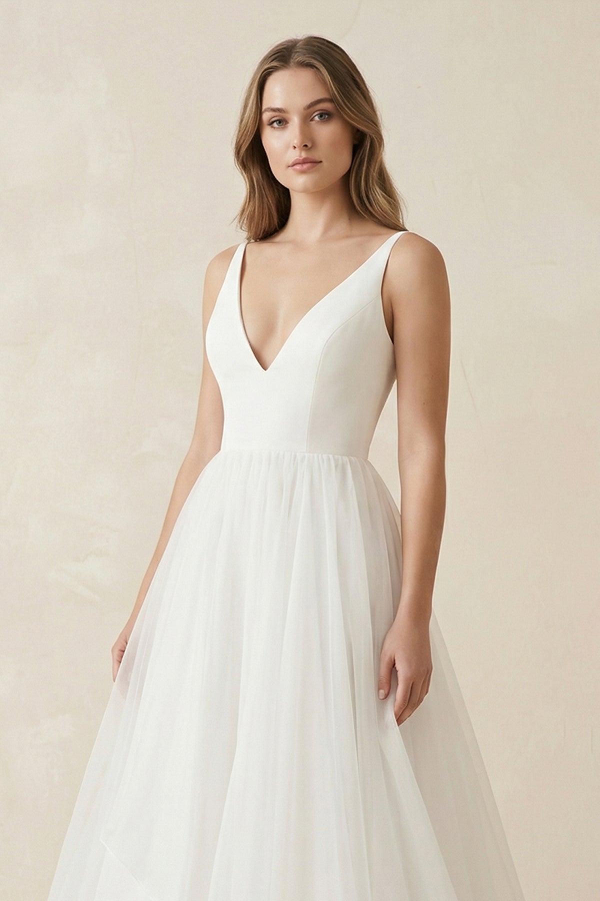 A Line Sleeveless Chiffon Deep V Neck Simple Long Beach Wedding Dress