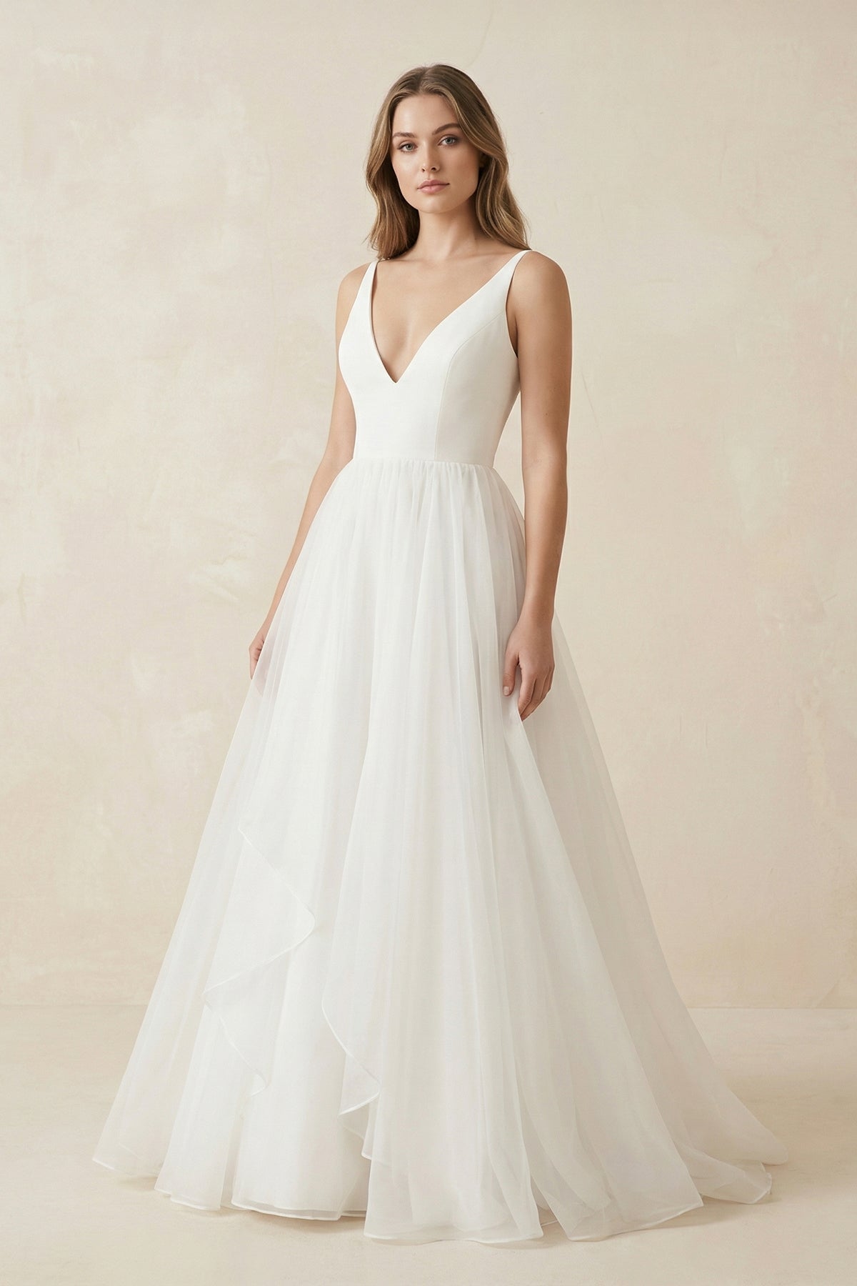 A Line Sleeveless Chiffon Deep V Neck Simple Long Beach Wedding Dress