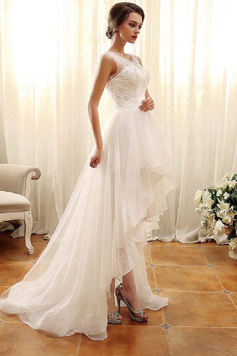 A-Line High-Low Lace Tulle Little White Dress 100045
