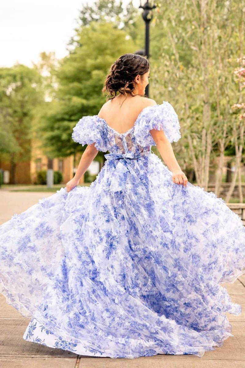A Line Sweetheart Printed Tulle Long Prom Dress