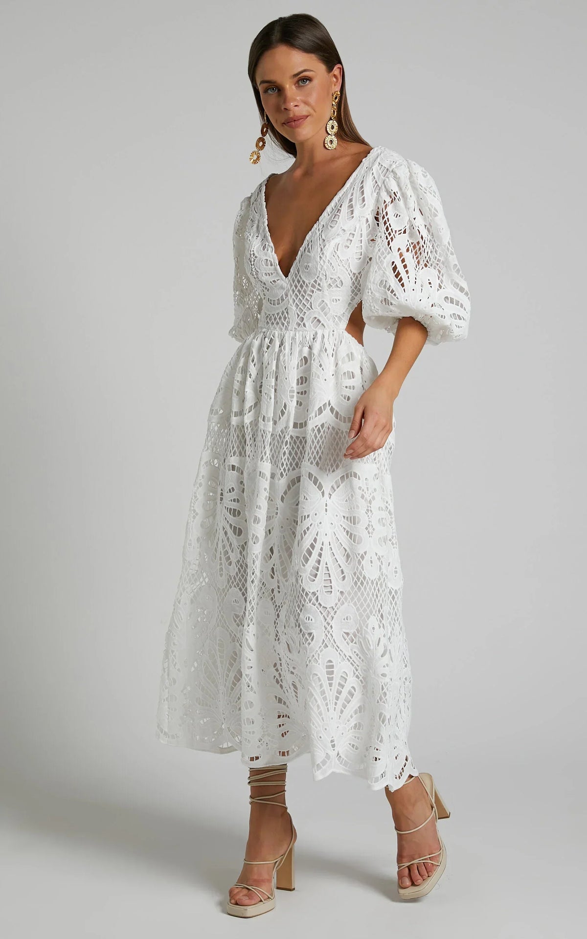 Anieshaya Midi Dress - V Neck Cut Out Lace Dress In White
