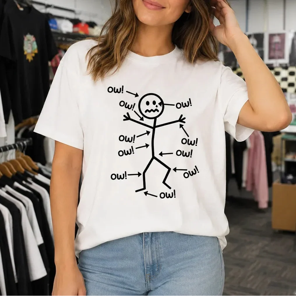 Achewear – Funny Ow! Stick Figure Graphic Tee. Relaxed Fit Cotton-like T-Shirt for Women & Men