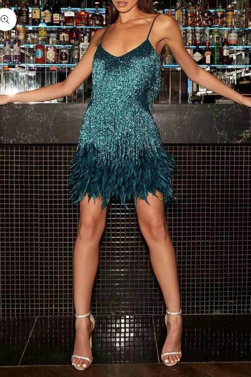 Fringed sequin sexy V-neck cocktail dress 715257715853