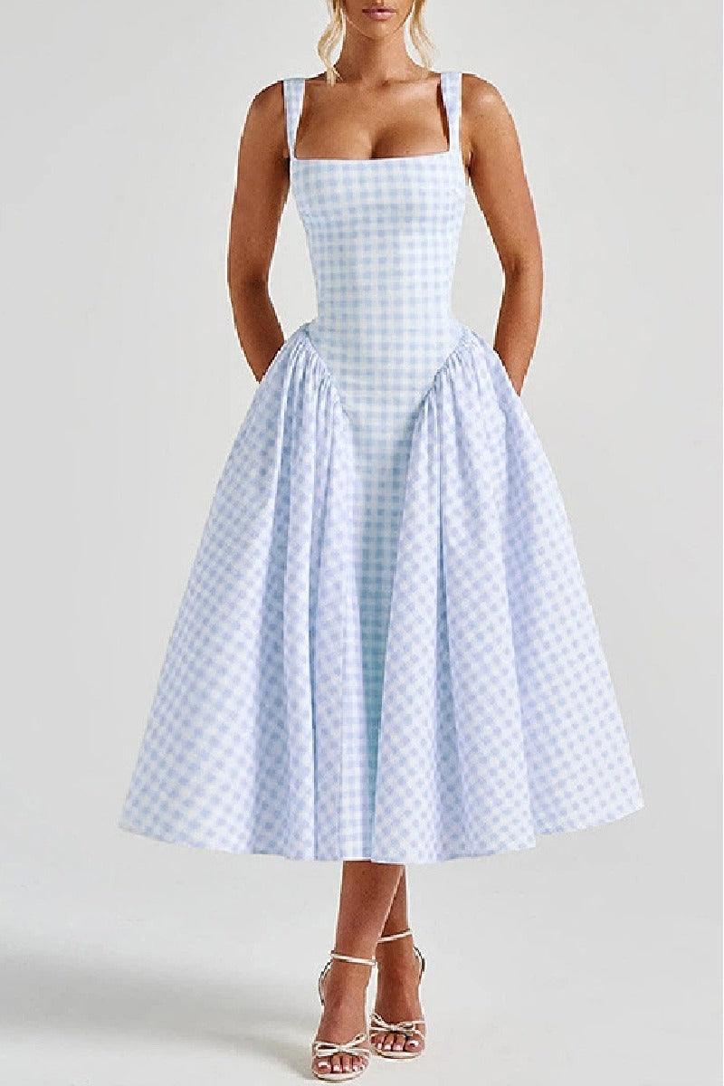 A-Line Tea Length Printed Cotton Wedding Guest Dress 1040459988093