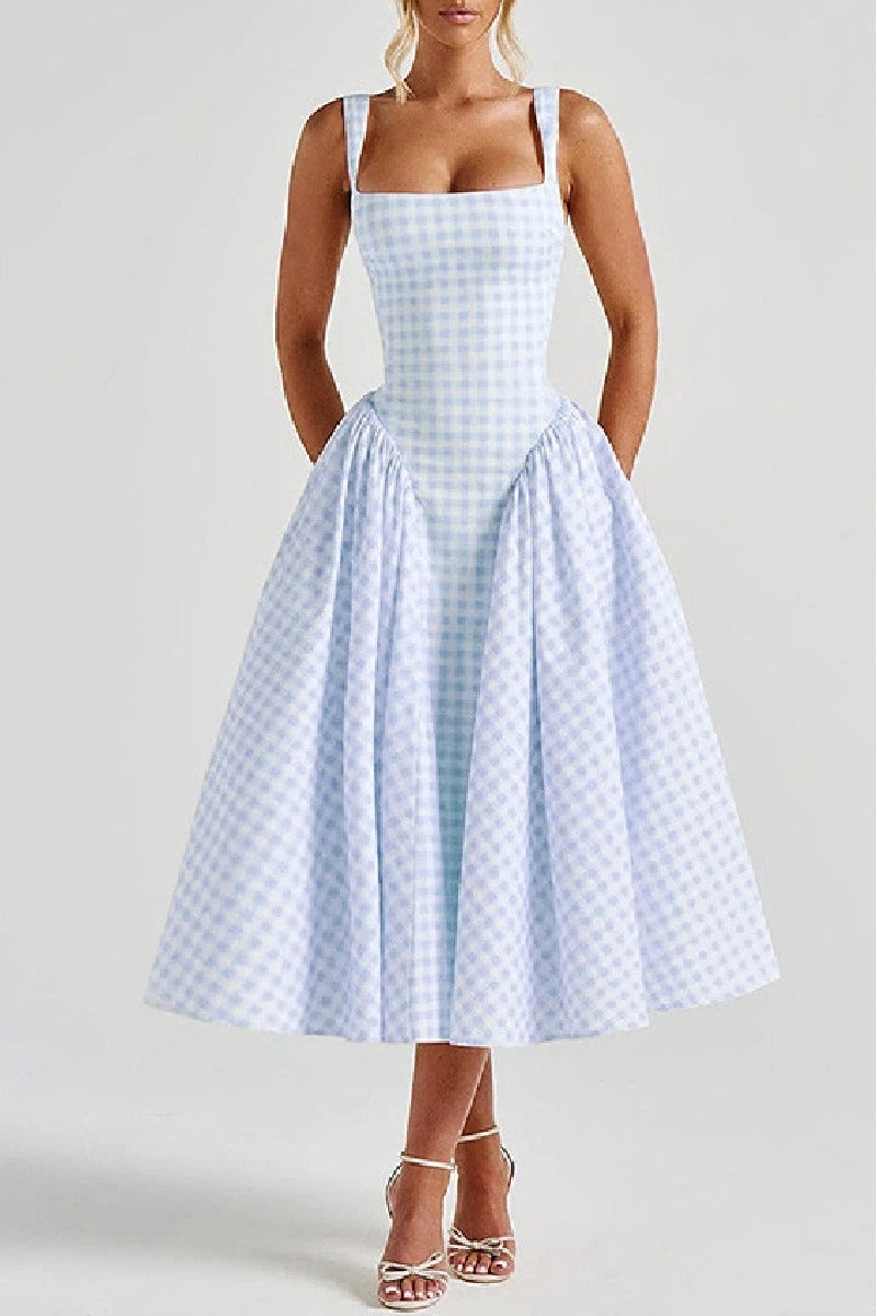 A-Line Tea Length Printed Cotton Wedding Guest Dress 1040459988093