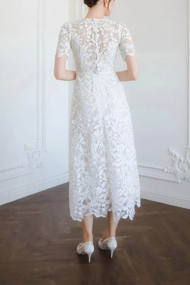 Sheath-Column Tea Length Lace Little White Dress 100016
