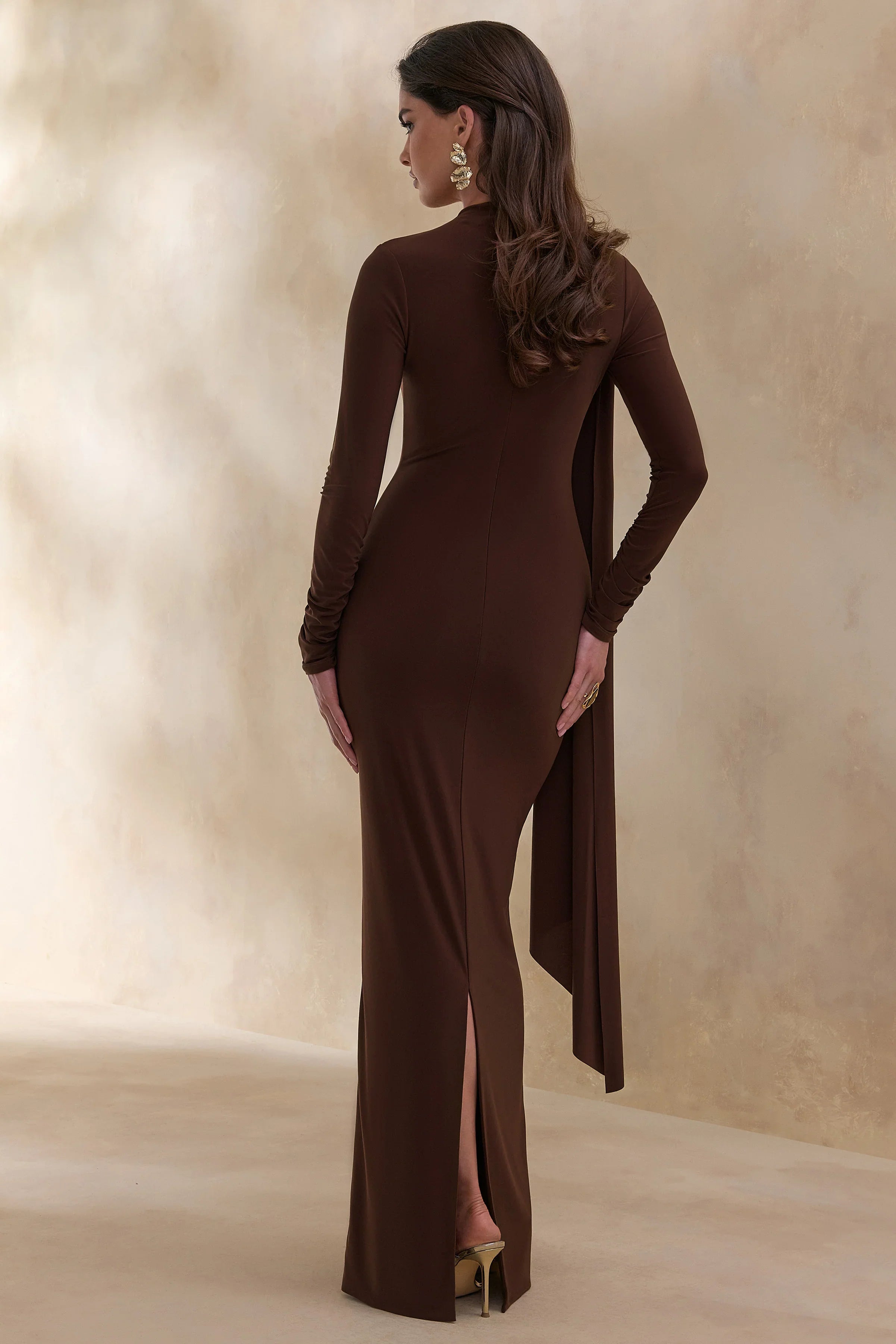 Amaria | Brown High-Neck Maxi Dress With Sash-Detail