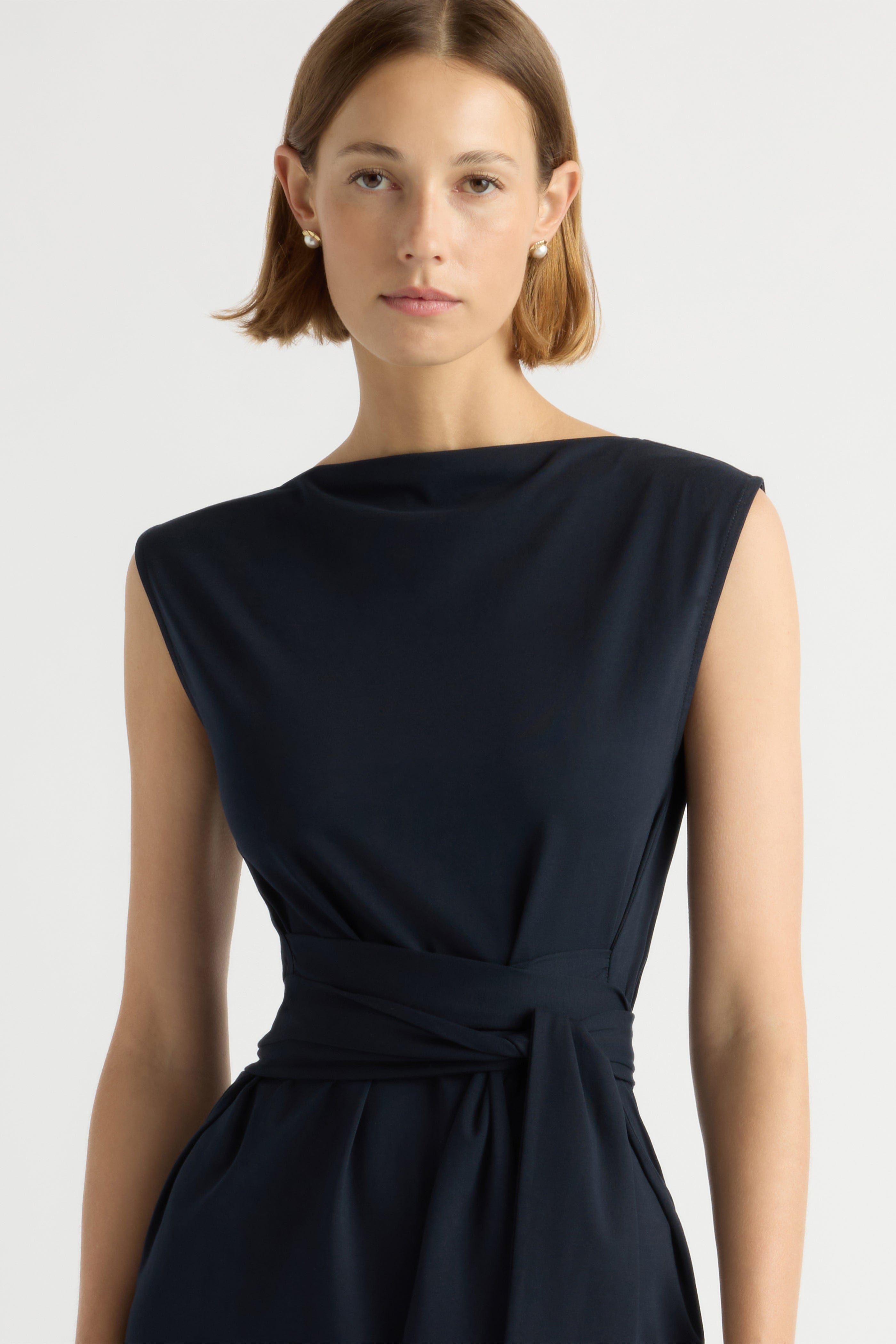 Edina Tie-Front Slit-Neck Dress