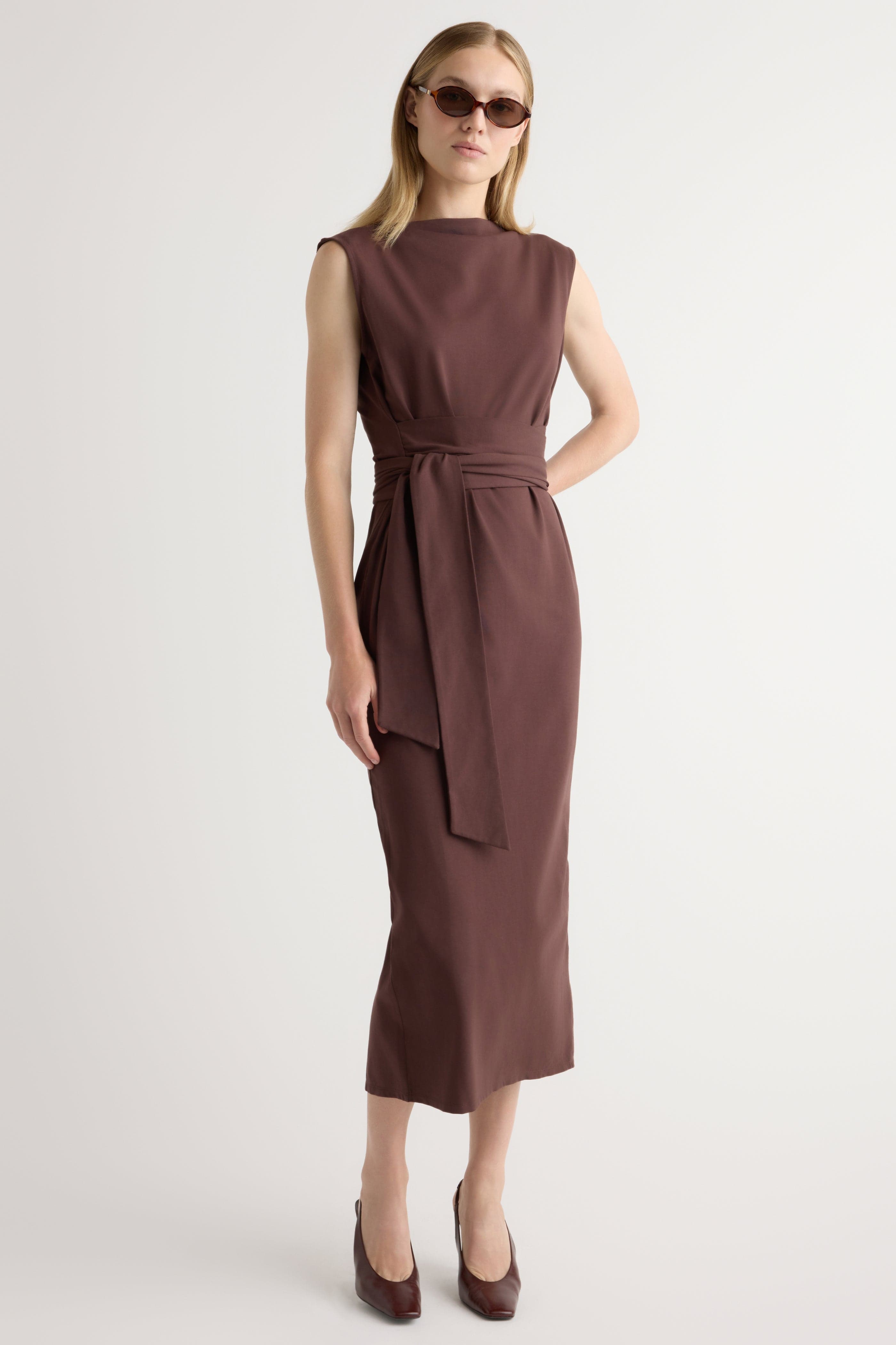 Edina Tie-Front Slit-Neck Dress
