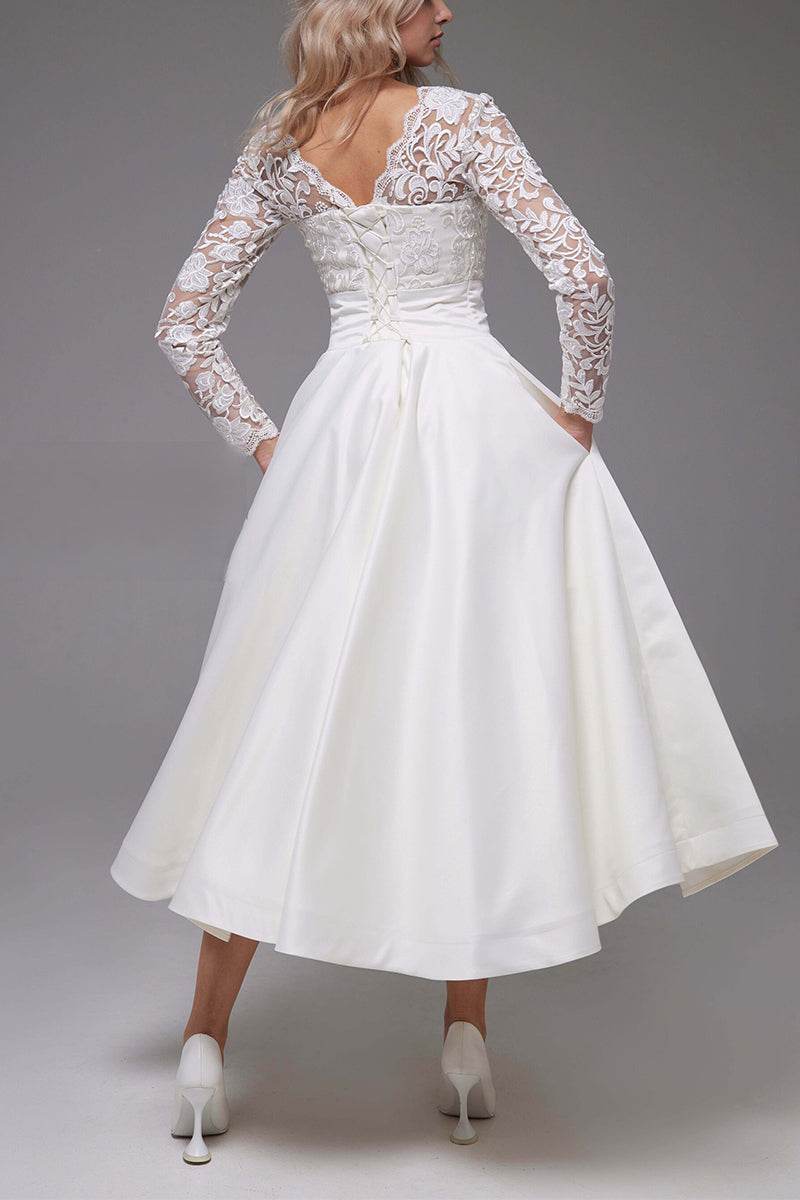 A-Line Tea Length Lace Satin Little White Dress 100017