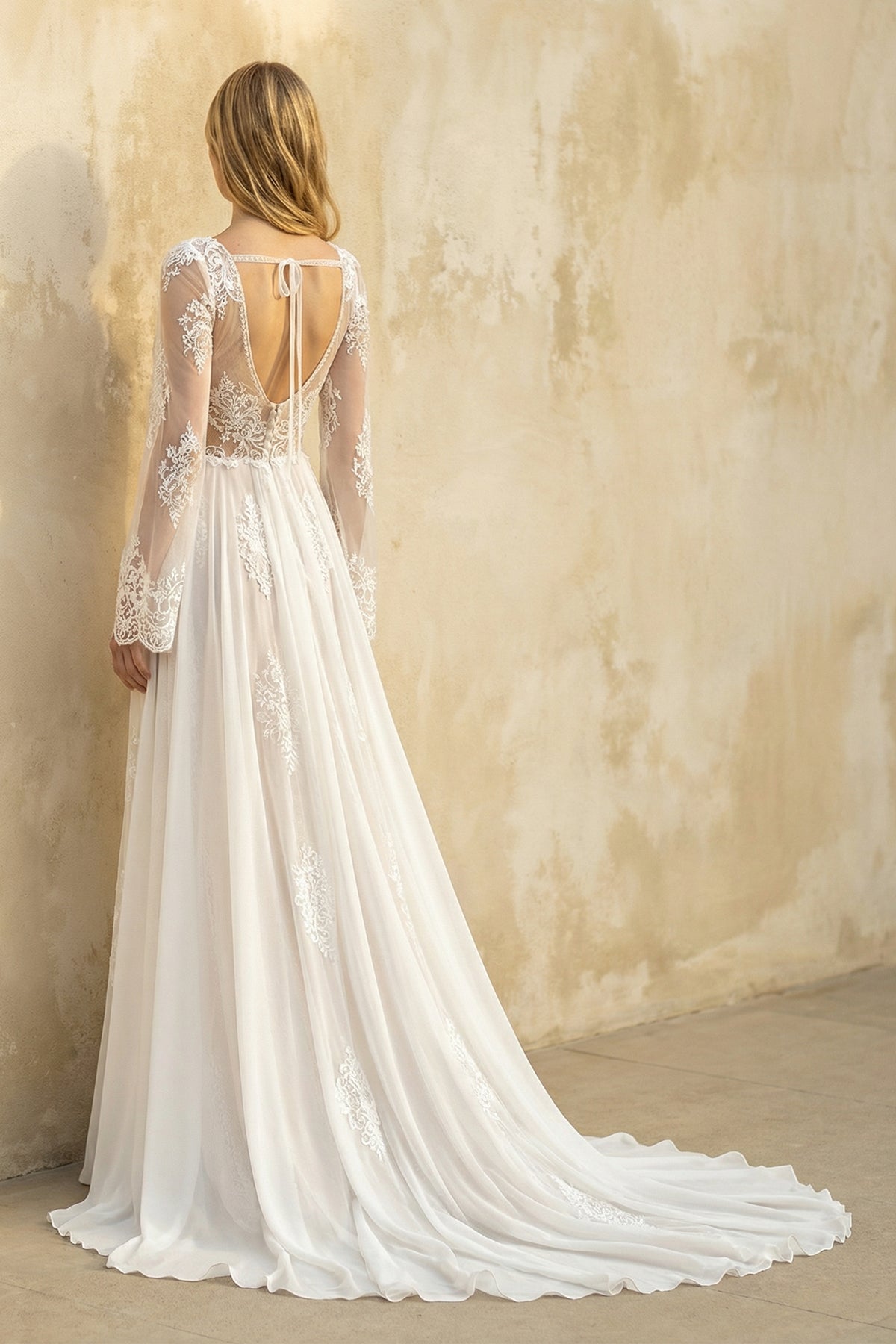 A-Line Boho Lace Wedding Dress with Sleeves Plunging Neckline Sweep Train