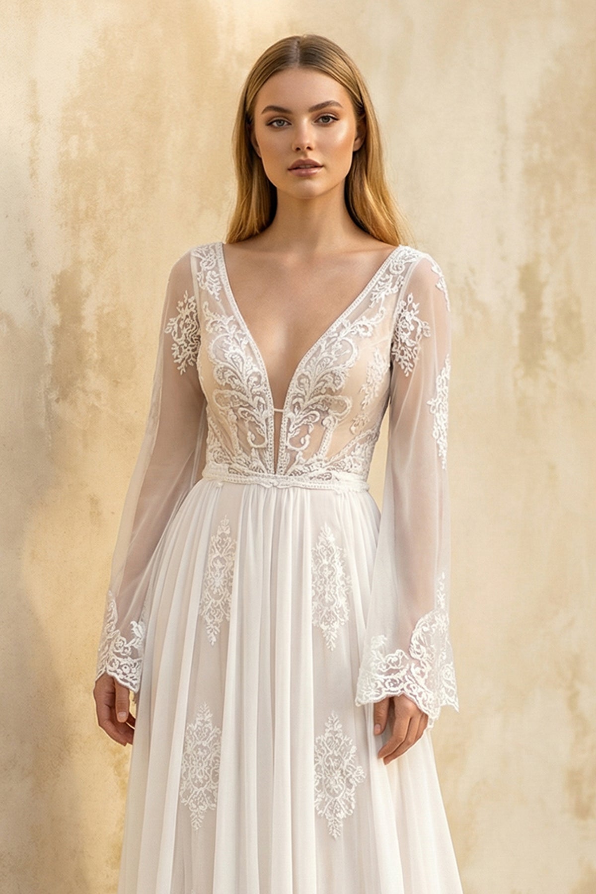 A-Line Boho Lace Wedding Dress with Sleeves Plunging Neckline Sweep Train
