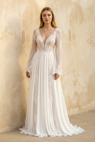 A-Line Boho Lace Wedding Dress with Sleeves Plunging Neckline Sweep Train